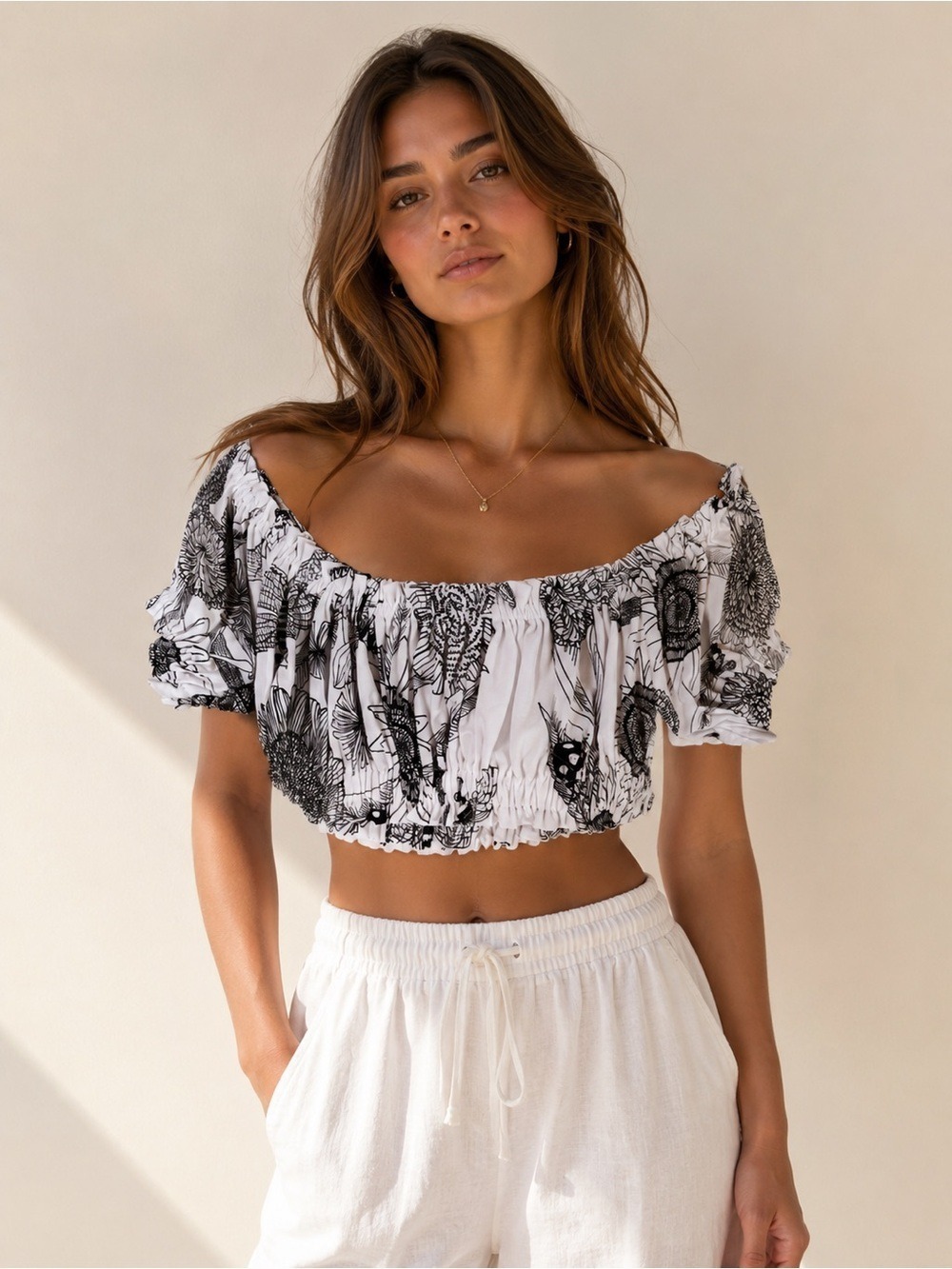 NWT Norma Kamali Jose Top Odonata Floral Off Shoulder Crop Top S